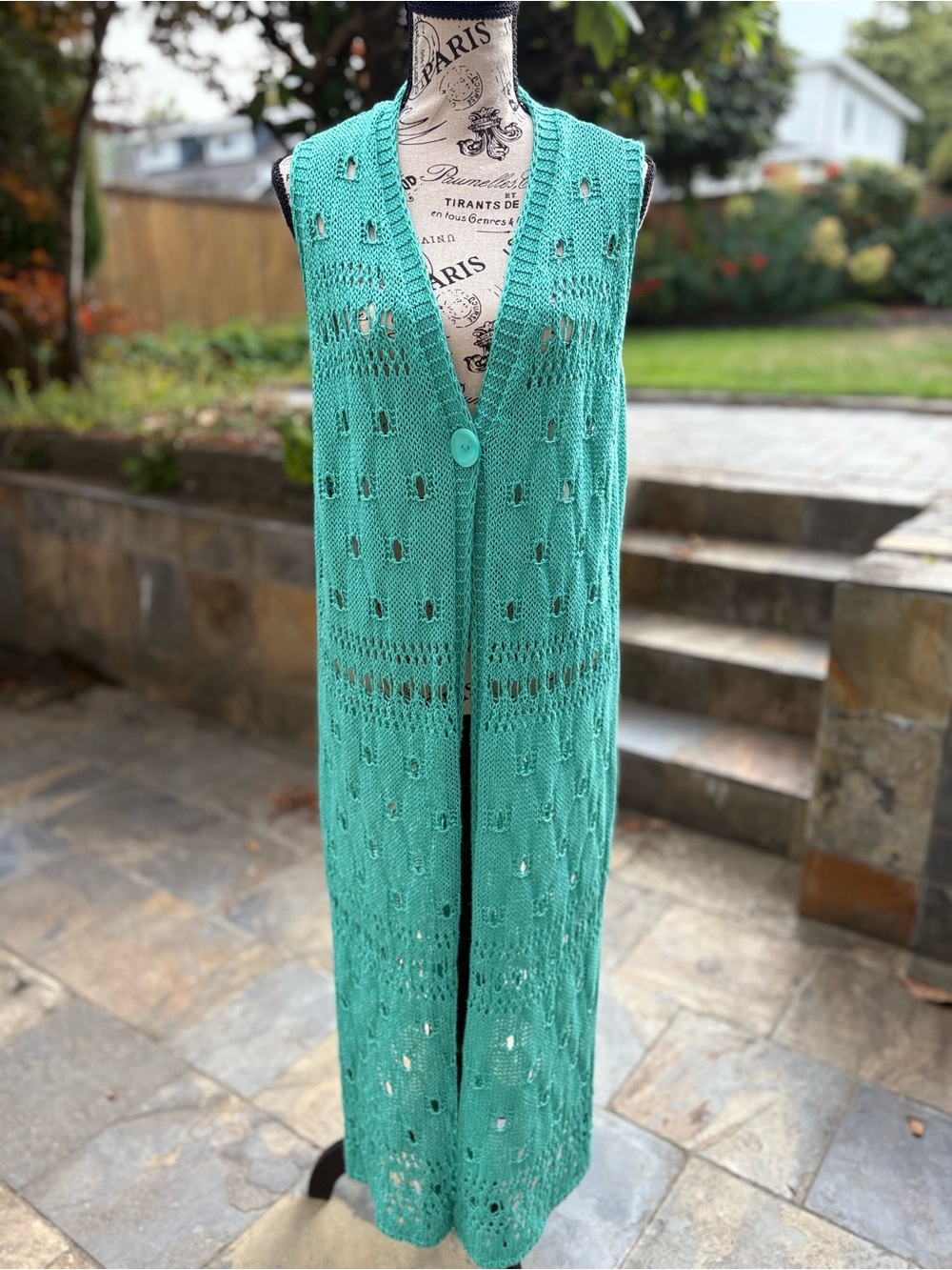 Boho European Open Knit Longline Vest Cardigan Teal One Size